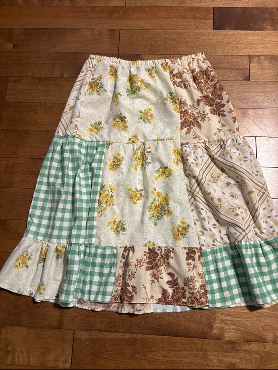Handmade Dresses & Skirts - Boho Patchwork Floral Skirt in Green and Cream made with Vintage Cotton Sheets